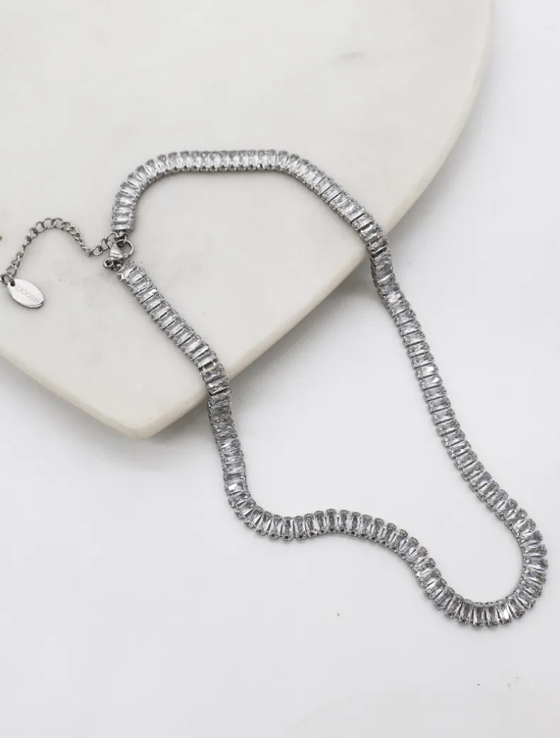 Baguette Crystal Necklace Silver