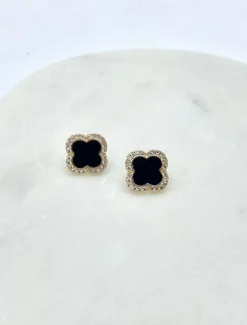 Black Enamel Clover Studs