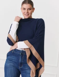 Cashmere Border Ponchette Navy Tan