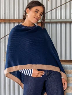 Cashmere Border Ponchette Navy Tan