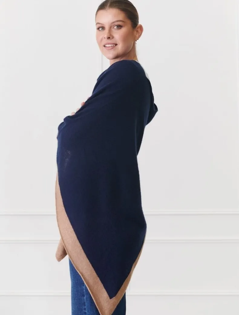 Cashmere Border Ponchette Navy Tan