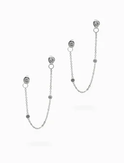 Chain Connected Crystal Studs Silver