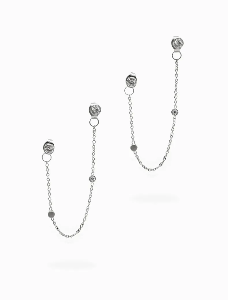 Chain Connected Crystal Studs Silver