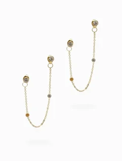 Chain Connected Crystal Studs Gold
