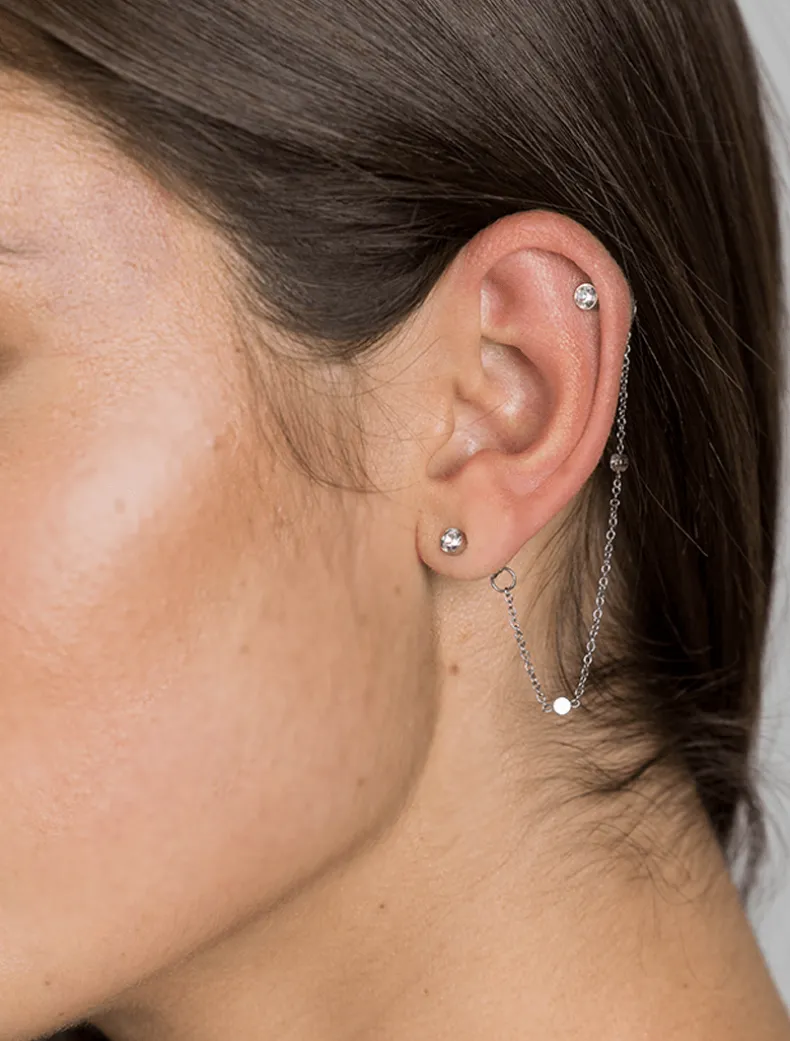 Chain Connected Crystal Studs Silver