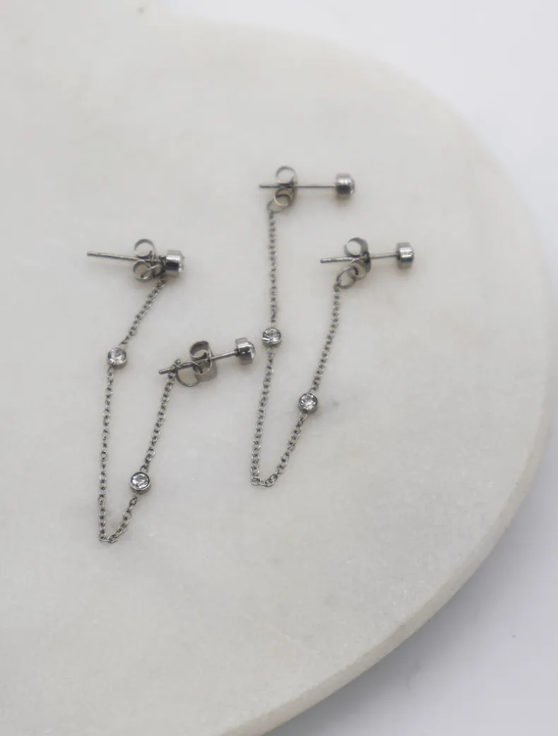 Chain Connected Crystal Studs Silver