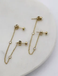 Chain Connected Crystal Studs Gold