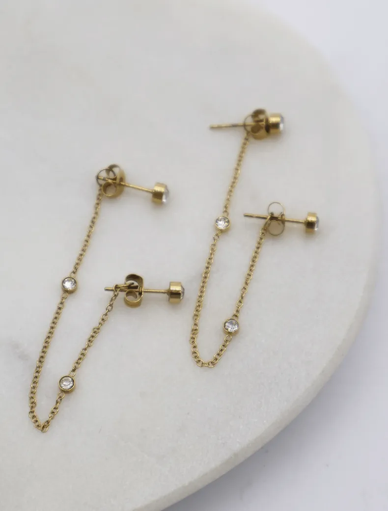 Chain Connected Crystal Studs Gold
