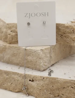 Chain Connected Crystal Studs Silver