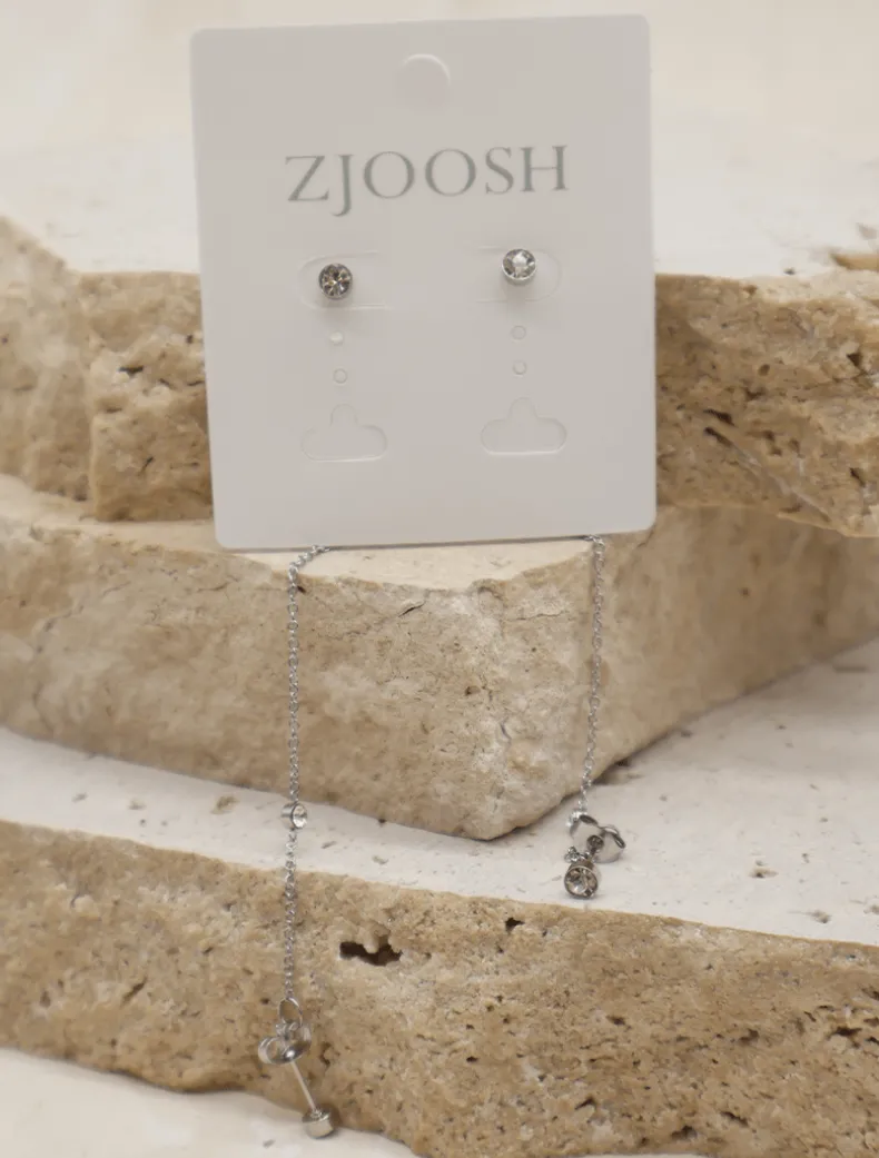 Chain Connected Crystal Studs Silver