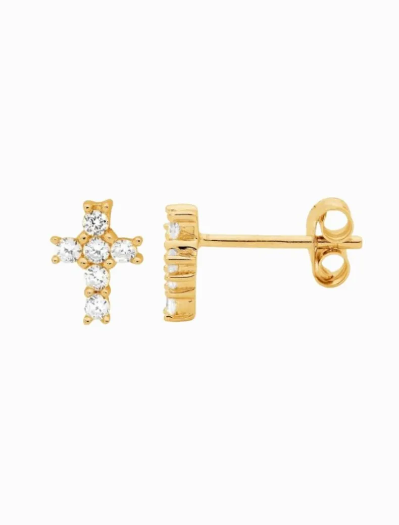 Cubic Zirconia Claw Set Cross Studs Gold