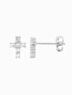 Cubic Zirconia Claw Set Cross Studs Rhodium