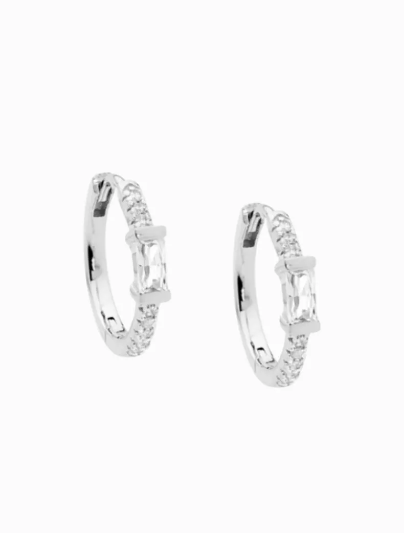 Hoop Earrings w/ Baguette Cubic Zirconias Rhodium