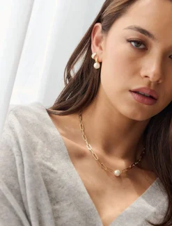 Lucienne Paper Clip and Pearl Necklace Gold