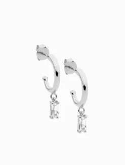 13mm Hoop Earrings Cubic Zirconia Baguette Drop Rhodium