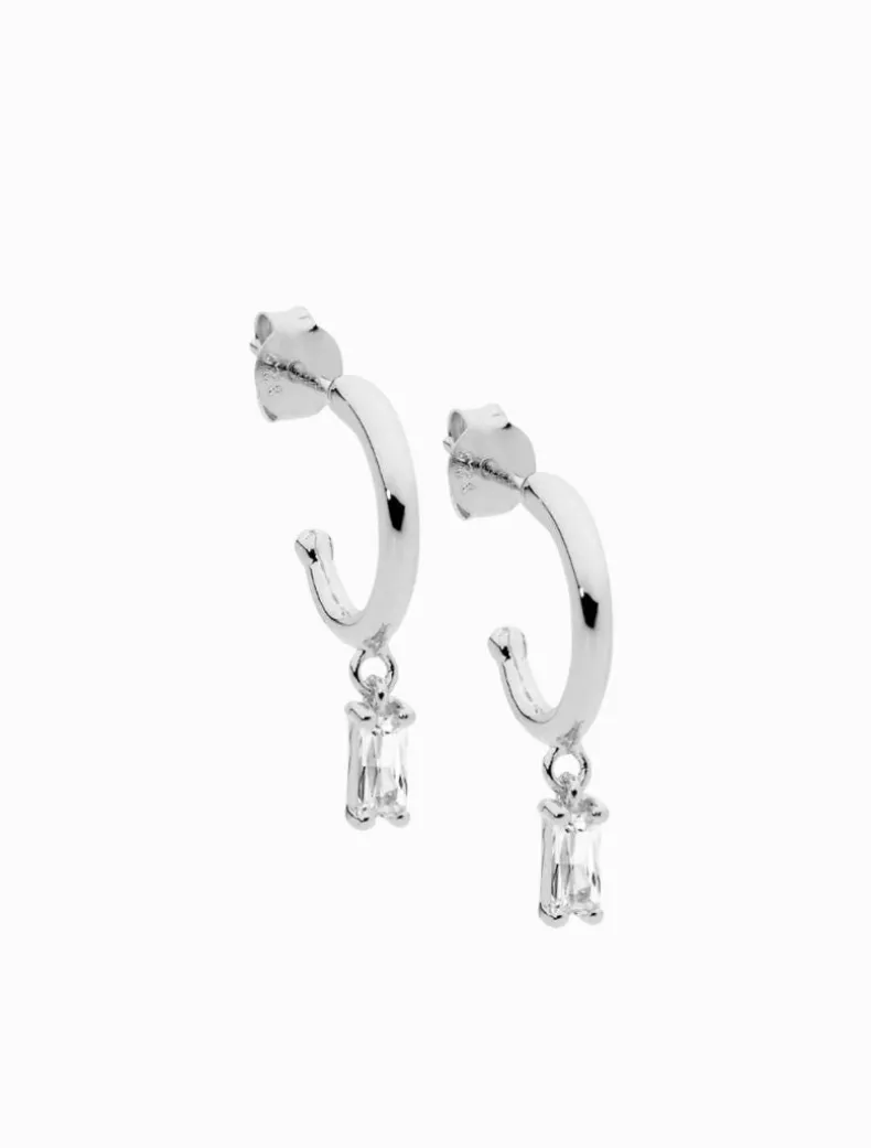 13mm Hoop Earrings Cubic Zirconia Baguette Drop Rhodium