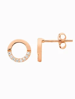 Open Circle Earrings Half Cubic Zirconia Rose Gold