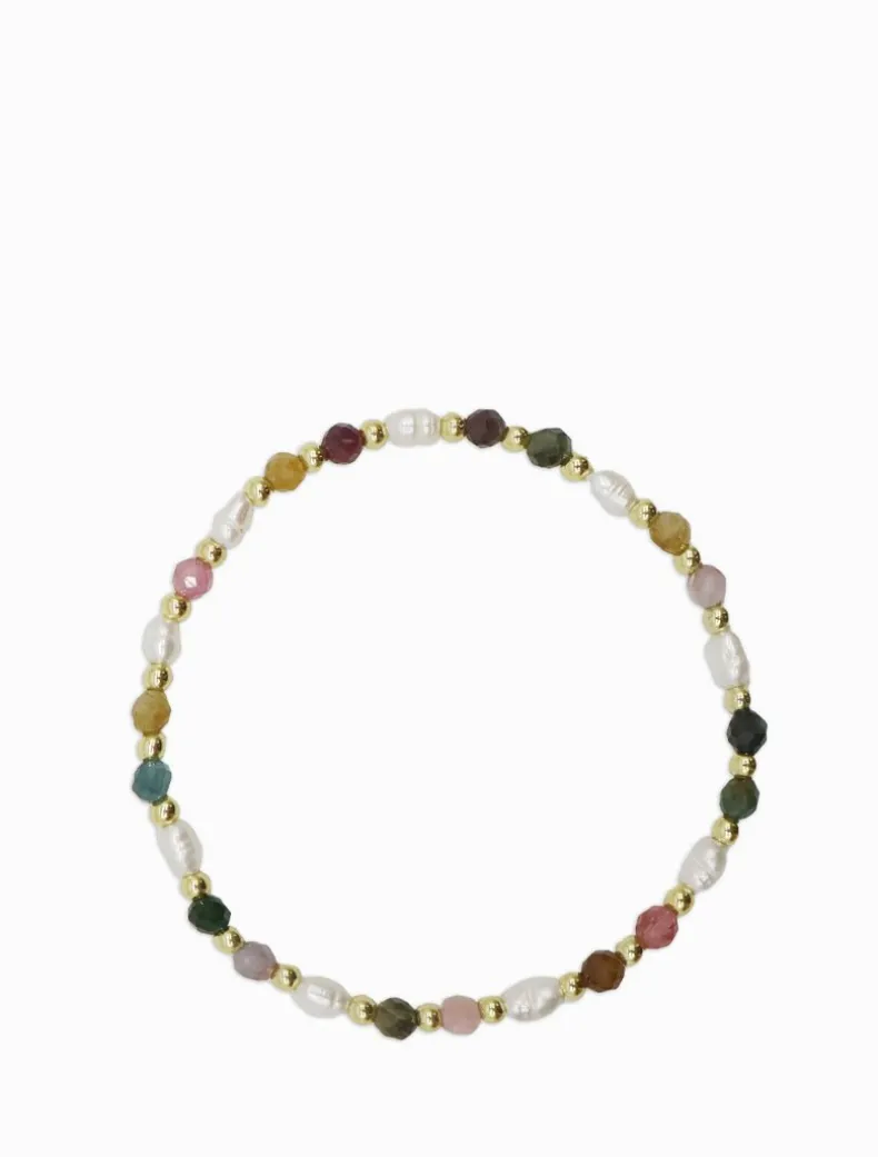 Pink and Green Stone and Pearl Stretch Bracelet