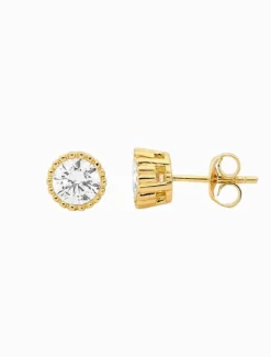 Stainless Steel 5mm Cubic Zirconia Crown Set Earring Gold