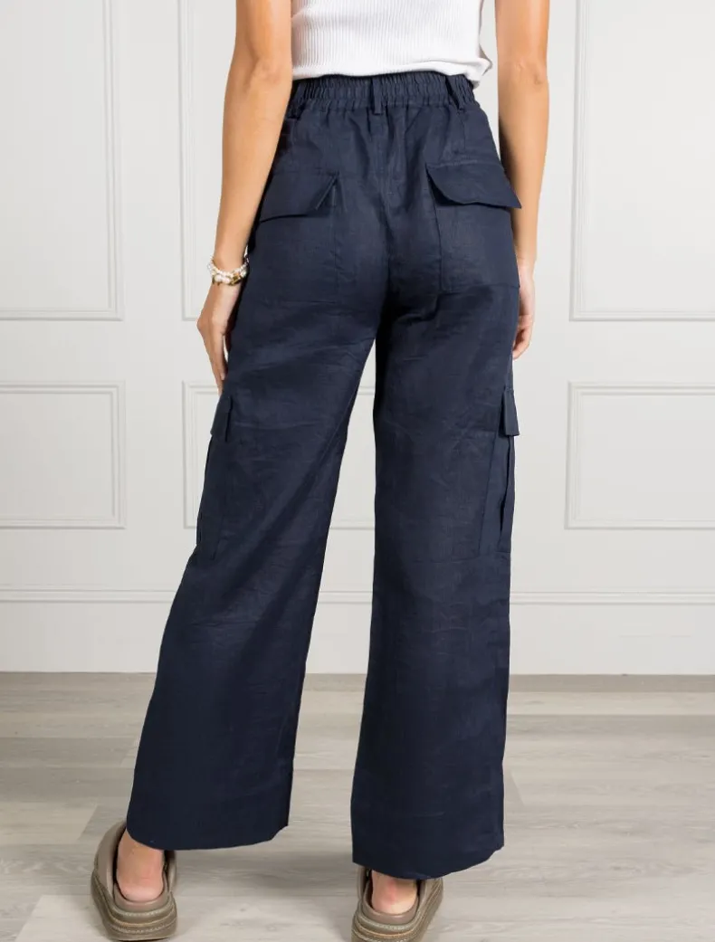 Wide Leg Linen Cargo Pant Navy - FINAL SALE